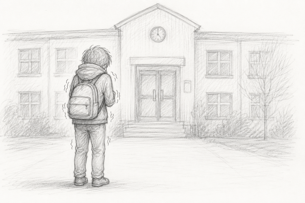 Blyantstegning af et barn, der står tøvende foran en skolebygning. Illustrerer refleksion om tidlig indsats, regulering og deltagelse.